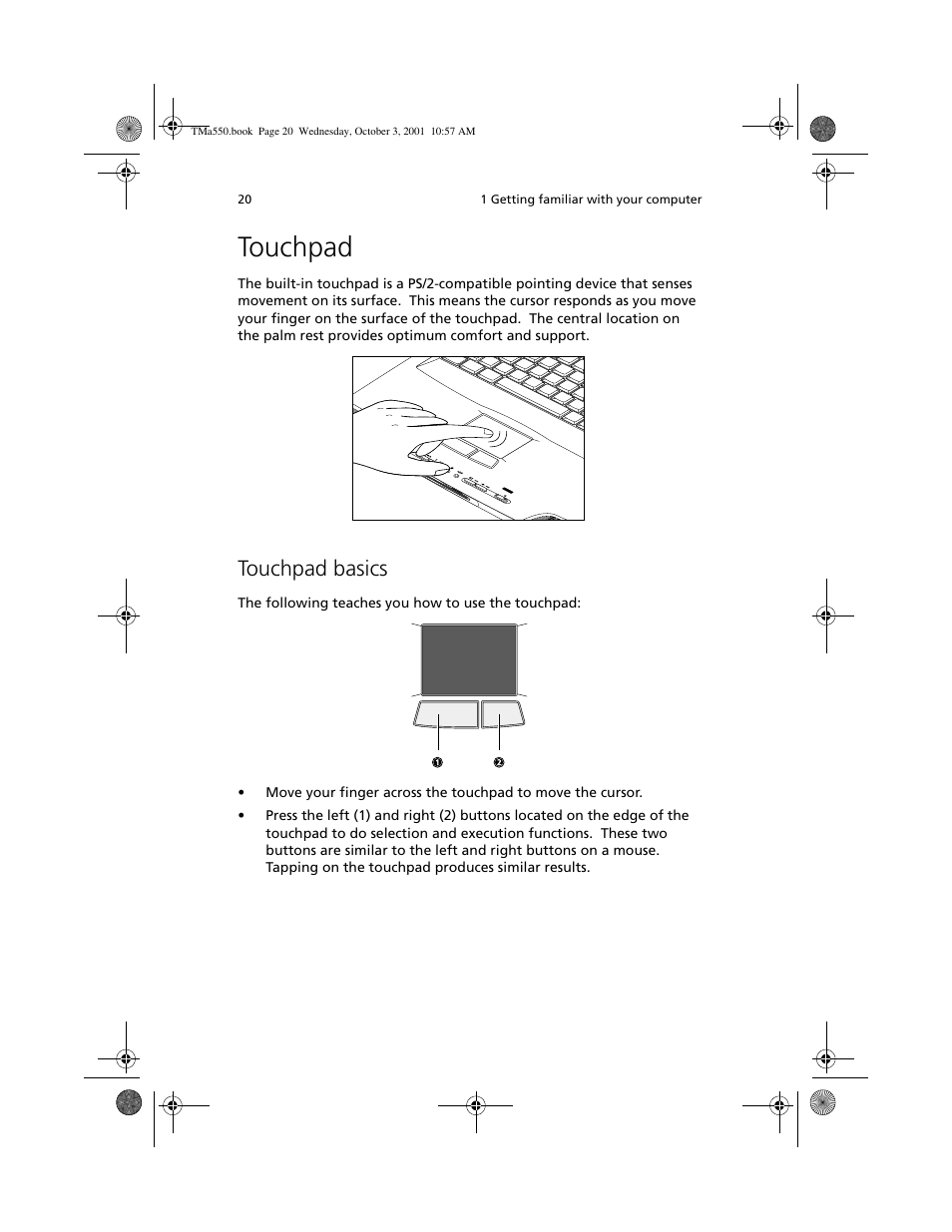 Touchpad, Touchpad basics | Acer TravelMate a550 User Manual | Page 30 / 112