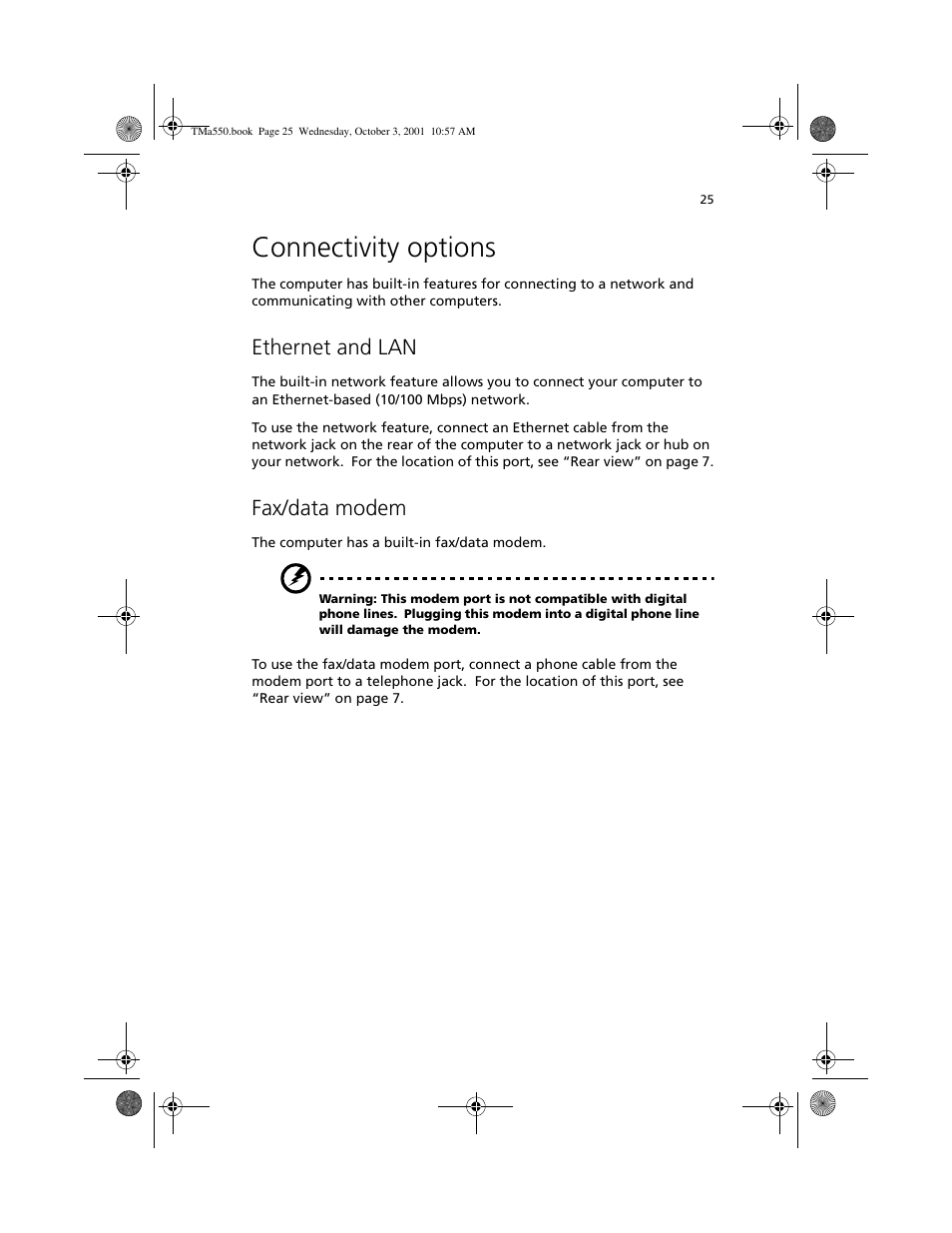 Connectivity options, Ethernet and lan, Fax/data modem | Acer TravelMate a550 User Manual | Page 35 / 112