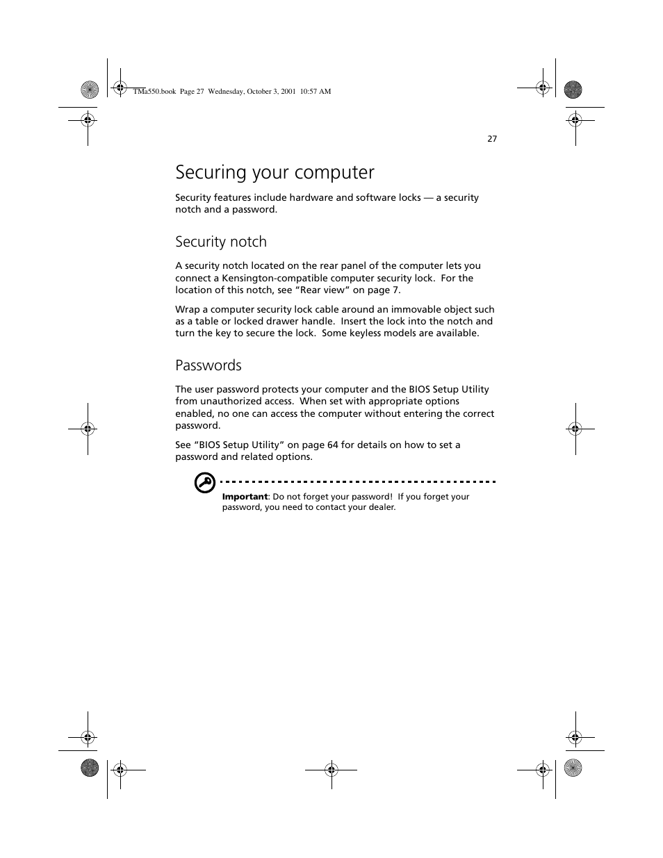 Securing your computer, Security notch, Passwords | Acer TravelMate a550 User Manual | Page 37 / 112