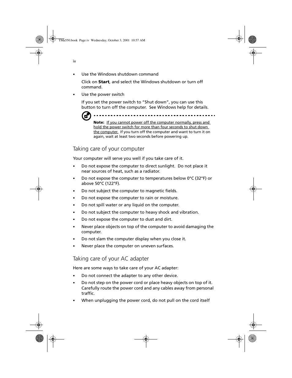 Taking care of your computer, Taking care of your ac adapter | Acer TravelMate a550 User Manual | Page 4 / 112