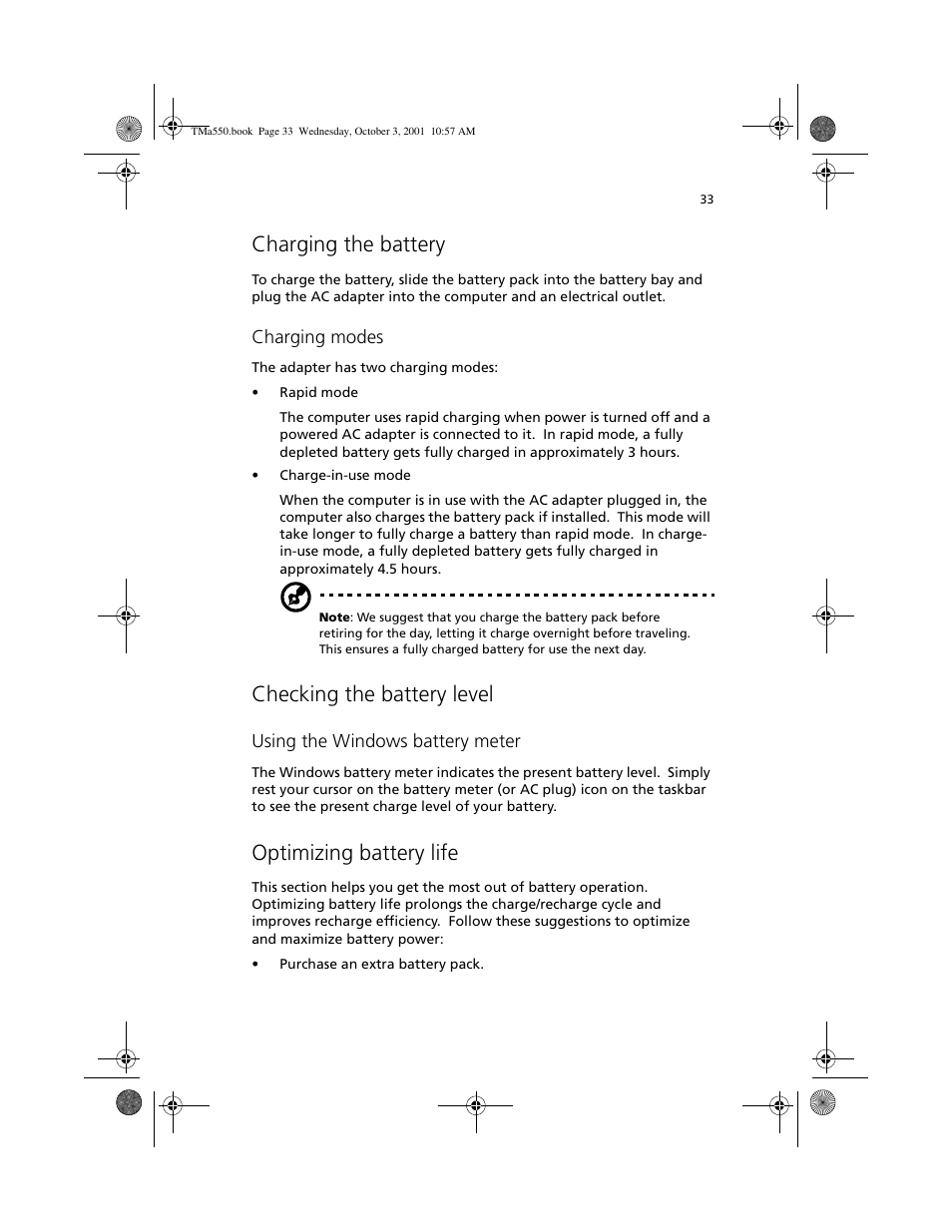 Charging the battery, Checking the battery level, Optimizing battery life | Acer TravelMate a550 User Manual | Page 43 / 112