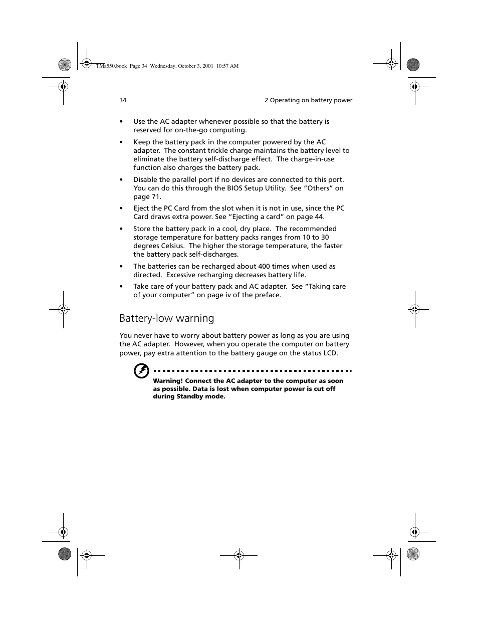 Battery-low warning | Acer TravelMate a550 User Manual | Page 44 / 112