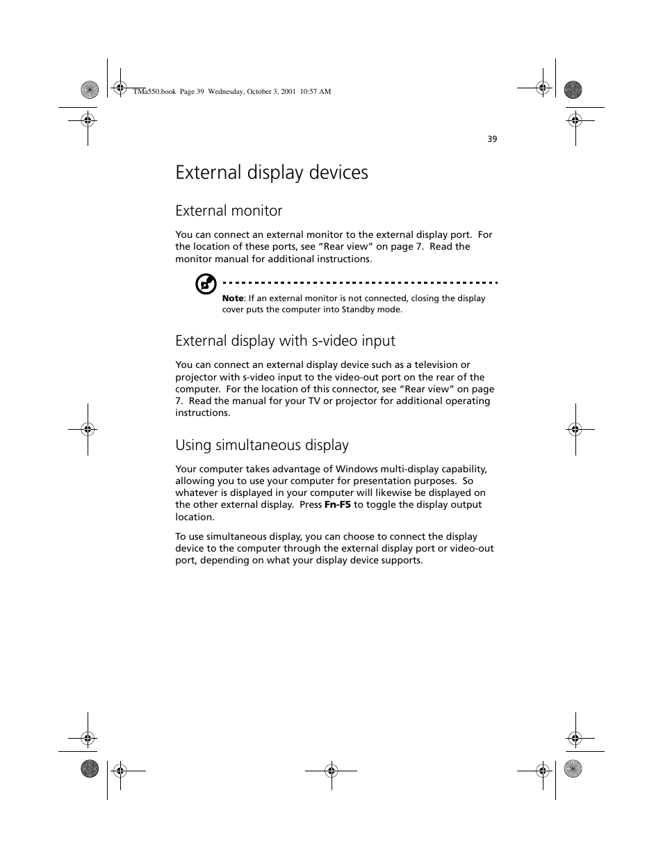 External display devices, External monitor, External display with s-video input | Using simultaneous display | Acer TravelMate a550 User Manual | Page 49 / 112