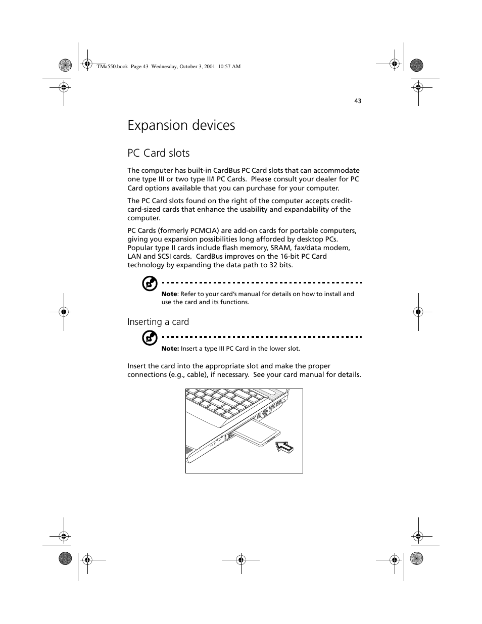 Expansion devices, Pc card slots | Acer TravelMate a550 User Manual | Page 53 / 112