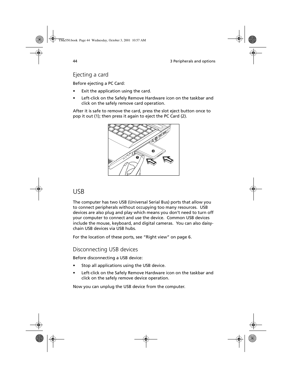 Ejecting a card, Disconnecting usb devices | Acer TravelMate a550 User Manual | Page 54 / 112