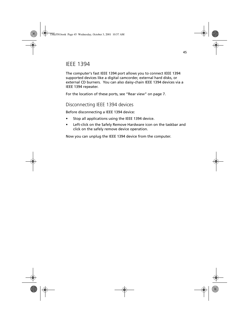 Ieee 1394, Disconnecting ieee 1394 devices | Acer TravelMate a550 User Manual | Page 55 / 112