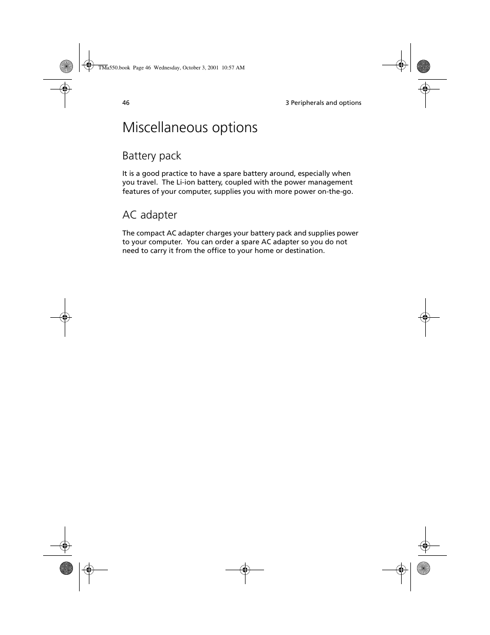 Miscellaneous options, Battery pack, Ac adapter | Acer TravelMate a550 User Manual | Page 56 / 112