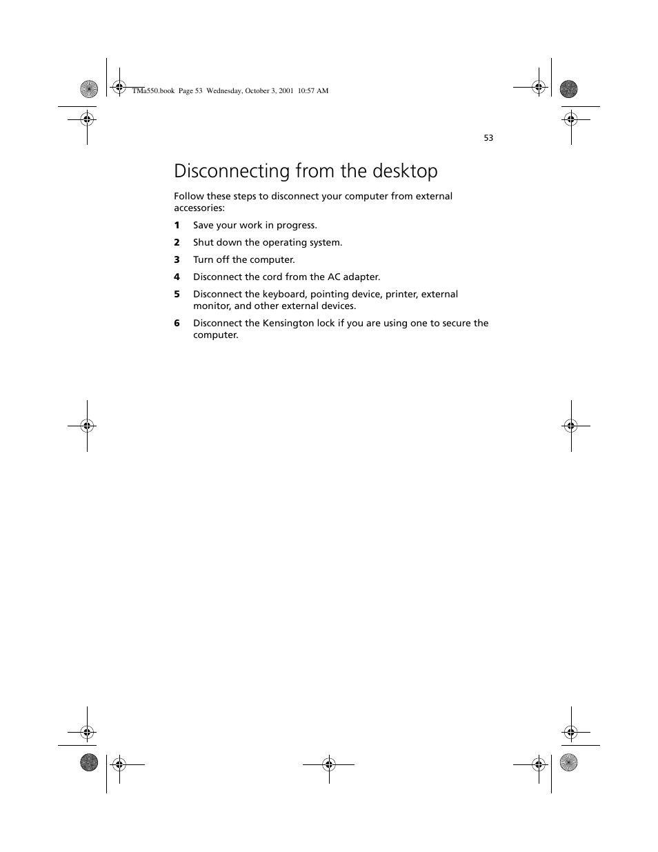 Disconnecting from the desktop | Acer TravelMate a550 User Manual | Page 63 / 112