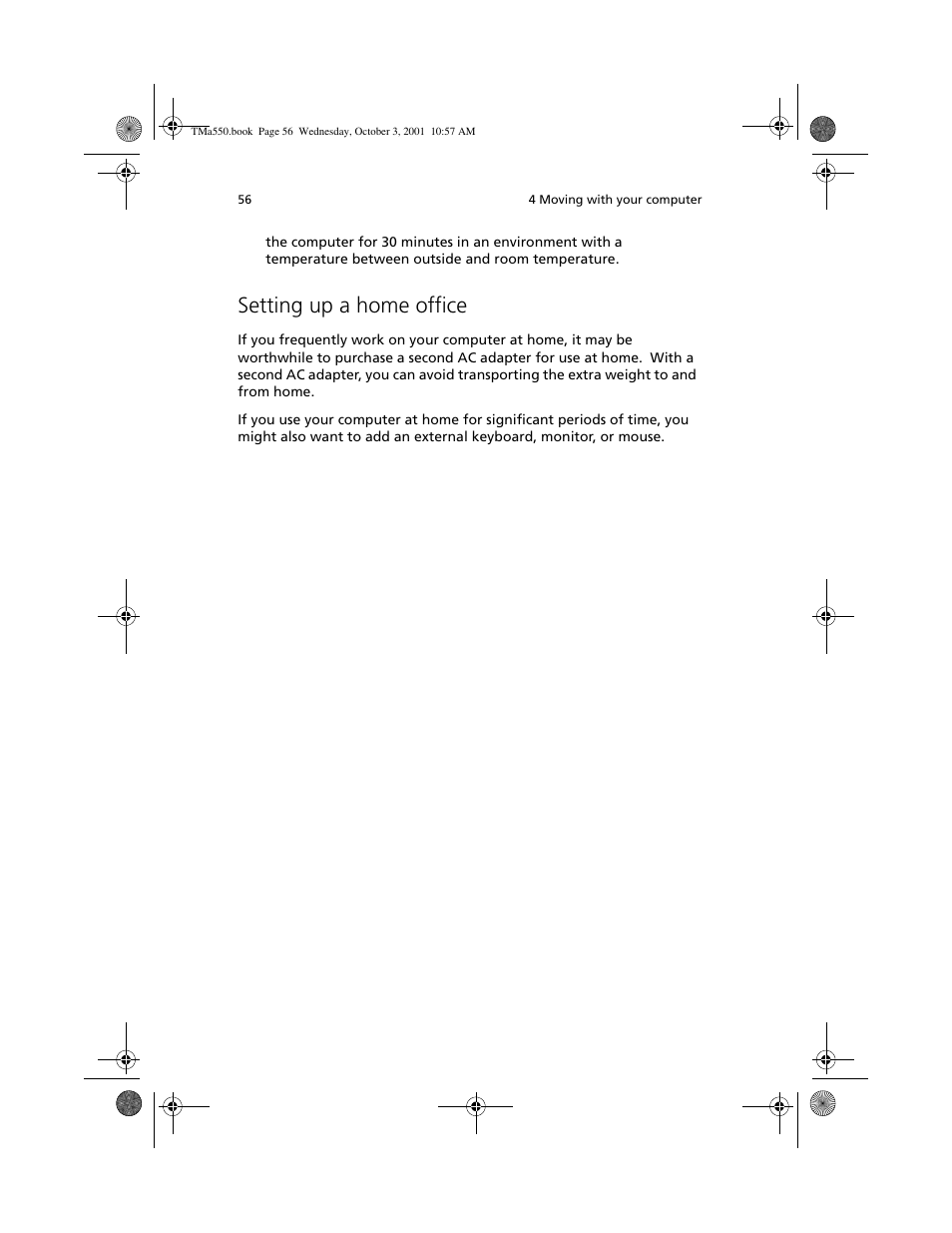 Setting up a home office | Acer TravelMate a550 User Manual | Page 66 / 112