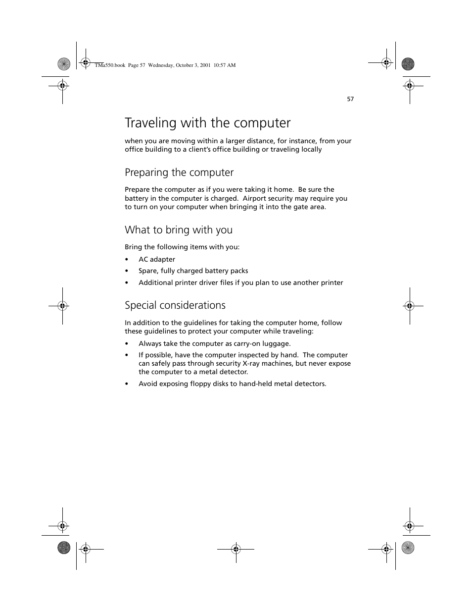 Traveling with the computer, Preparing the computer, What to bring with you | Special considerations | Acer TravelMate a550 User Manual | Page 67 / 112