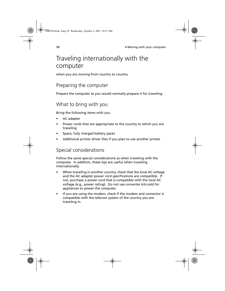 Traveling internationally with the computer, Preparing the computer, What to bring with you | Special considerations | Acer TravelMate a550 User Manual | Page 68 / 112