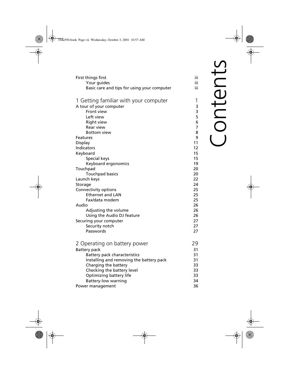 Acer TravelMate a550 User Manual | Page 7 / 112