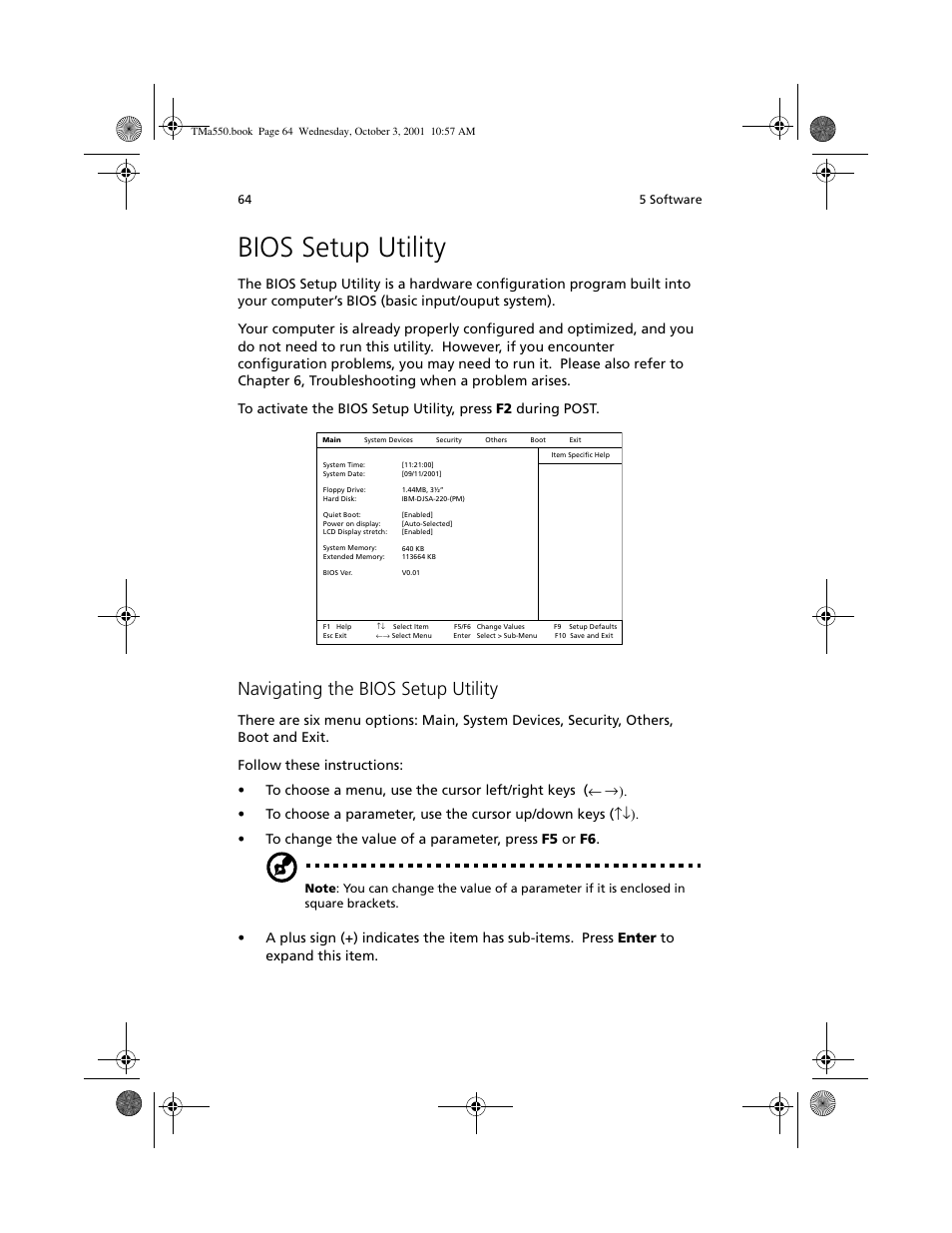 Bios setup utility, Navigating the bios setup utility | Acer TravelMate a550 User Manual | Page 74 / 112