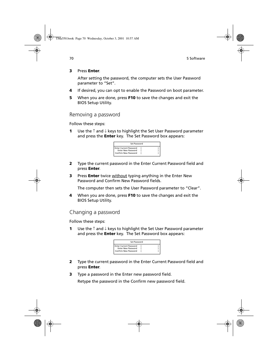 Removing a password, Changing a password | Acer TravelMate a550 User Manual | Page 80 / 112