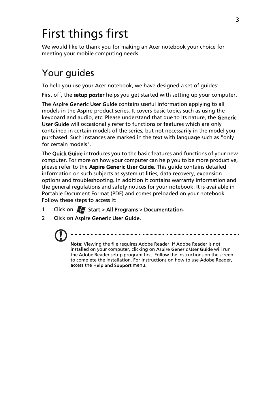 First things first, Your guides | Acer Aspire 7739G User Manual | Page 3 / 9