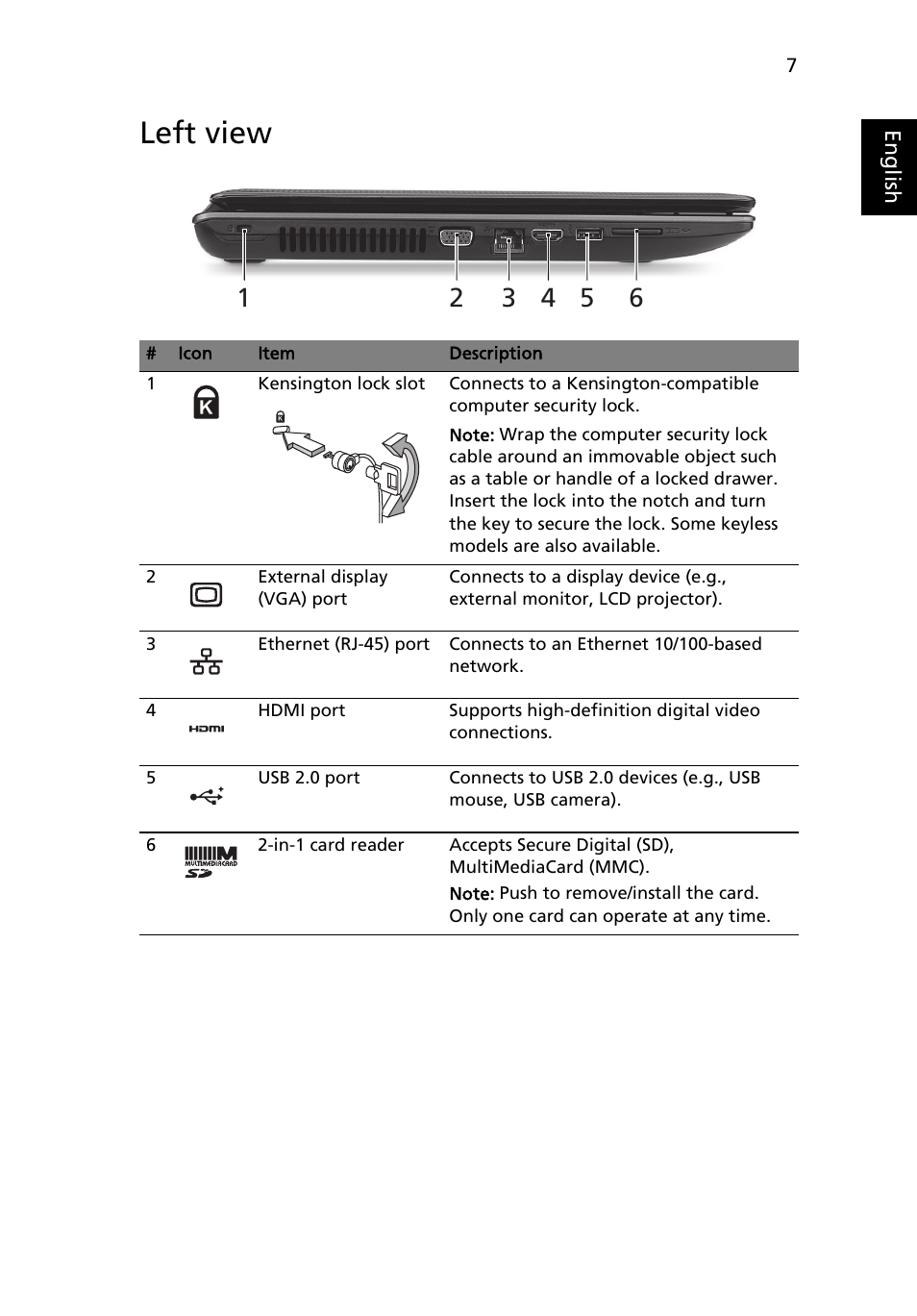 Left view | Acer Aspire 7739G User Manual | Page 7 / 9