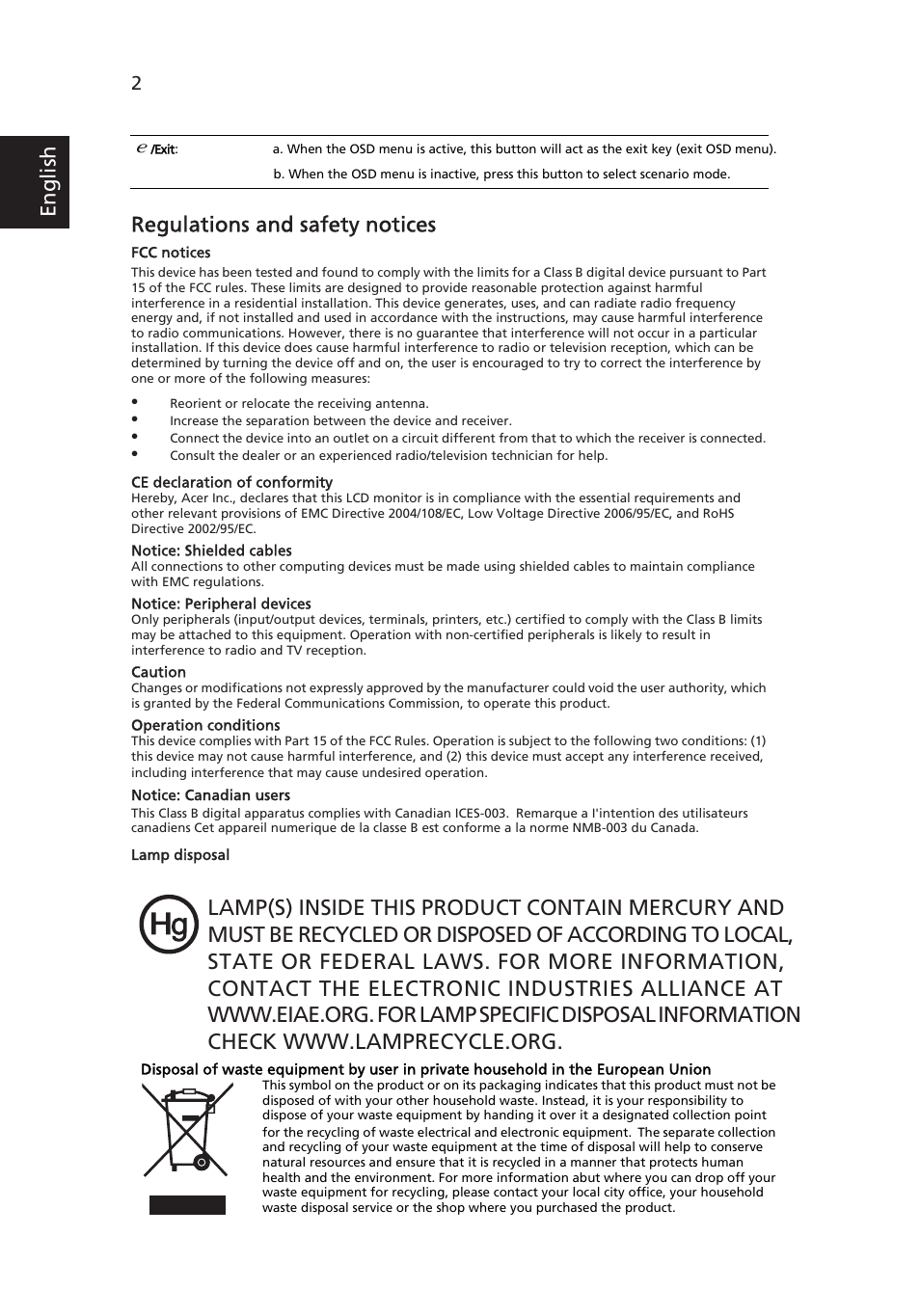 Regulations and safety notices, Eng lis h | Acer V203H User Manual | Page 2 / 2