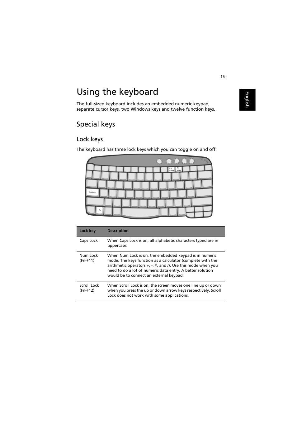 Using the keyboard, Special keys, Lock keys | Acer TravelMate 6000 User Manual | Page 23 / 99