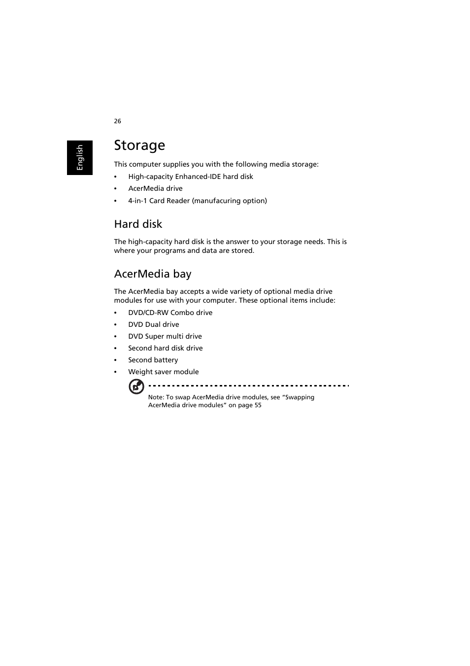 Storage, Hard disk, Acermedia bay | Acer TravelMate 6000 User Manual | Page 34 / 99