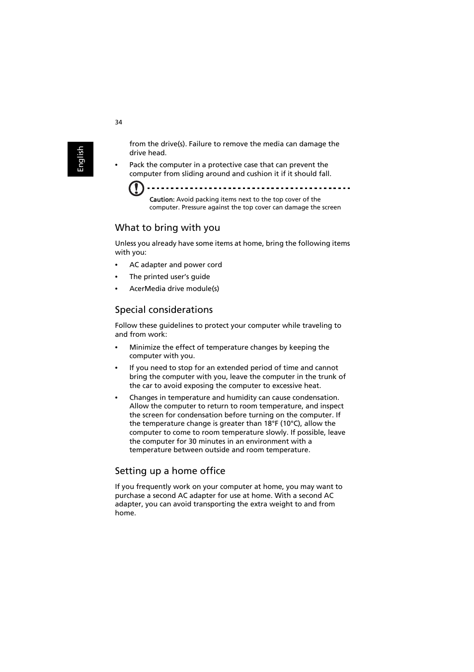 What to bring with you, Special considerations, Setting up a home office | Acer TravelMate 6000 User Manual | Page 42 / 99