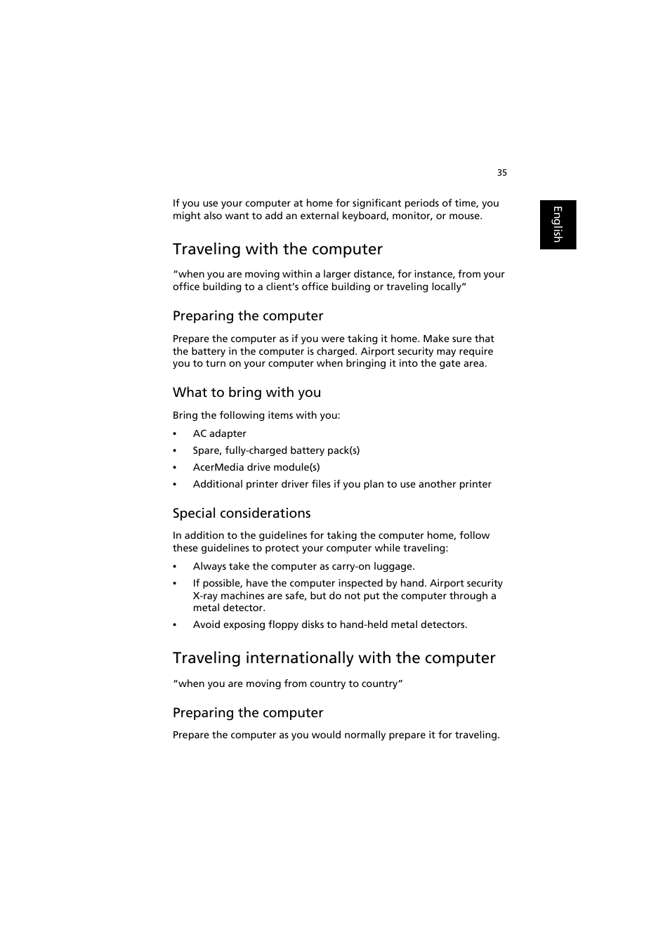 Traveling with the computer, Traveling internationally with the computer, Preparing the computer | What to bring with you, Special considerations | Acer TravelMate 6000 User Manual | Page 43 / 99