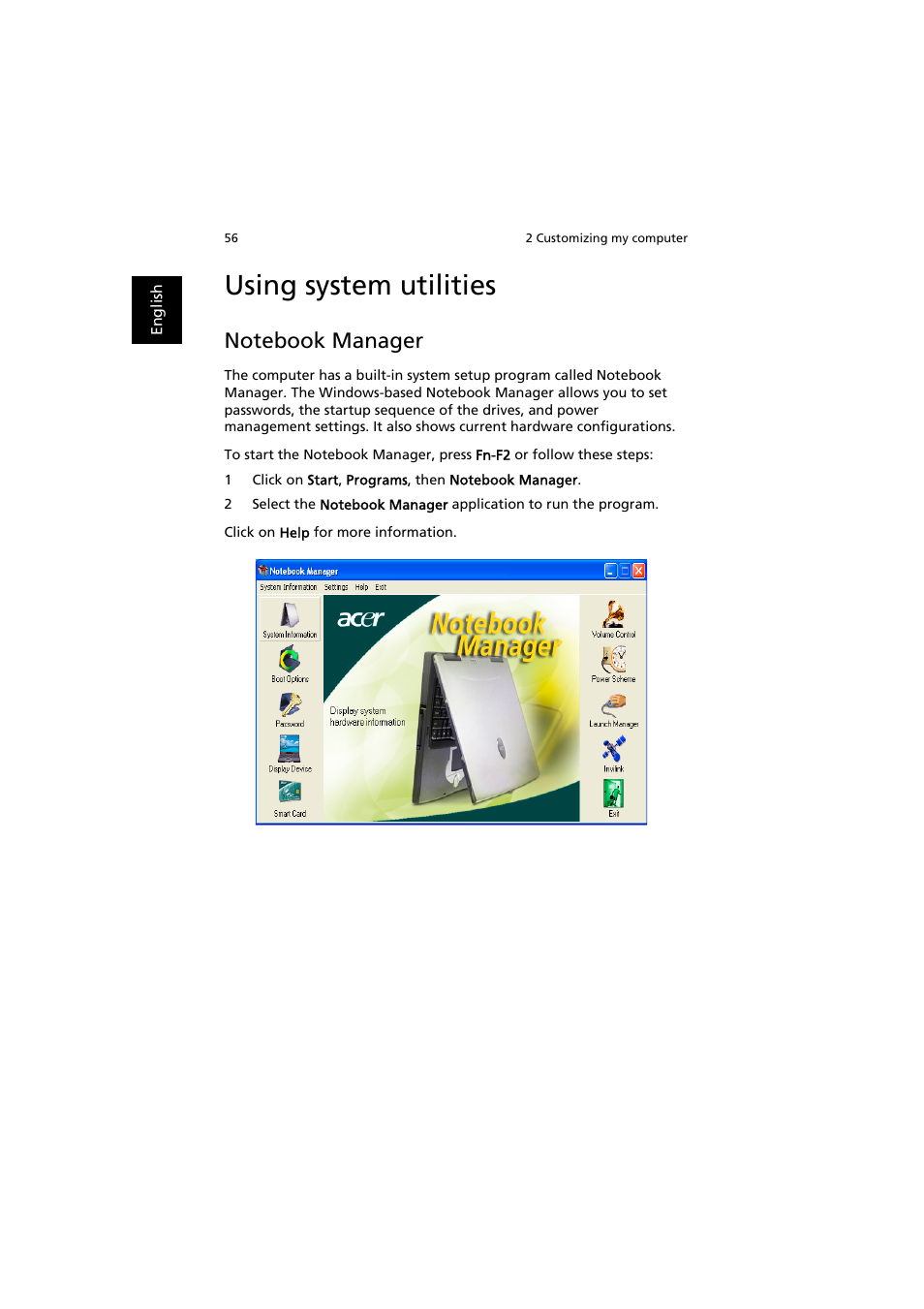 Using system utilities, Notebook manager | Acer TravelMate 6000 User Manual | Page 64 / 99