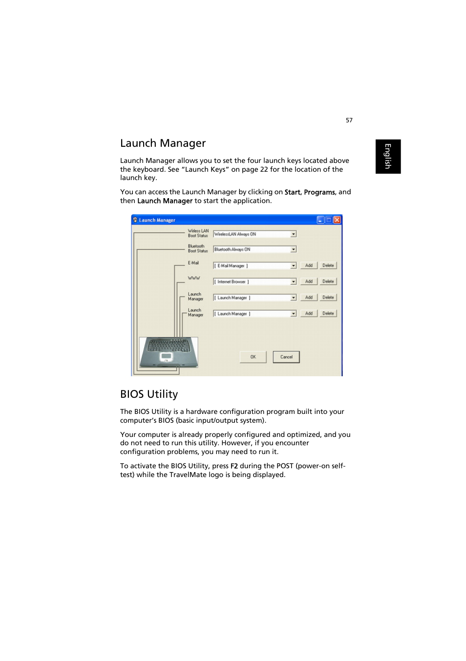 Launch manager, Bios utility | Acer TravelMate 6000 User Manual | Page 65 / 99