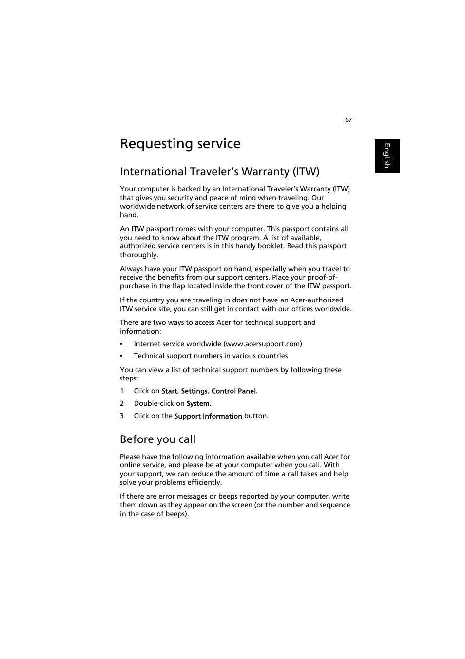 Requesting service, International traveler’s warranty (itw), Before you call | Acer TravelMate 6000 User Manual | Page 75 / 99