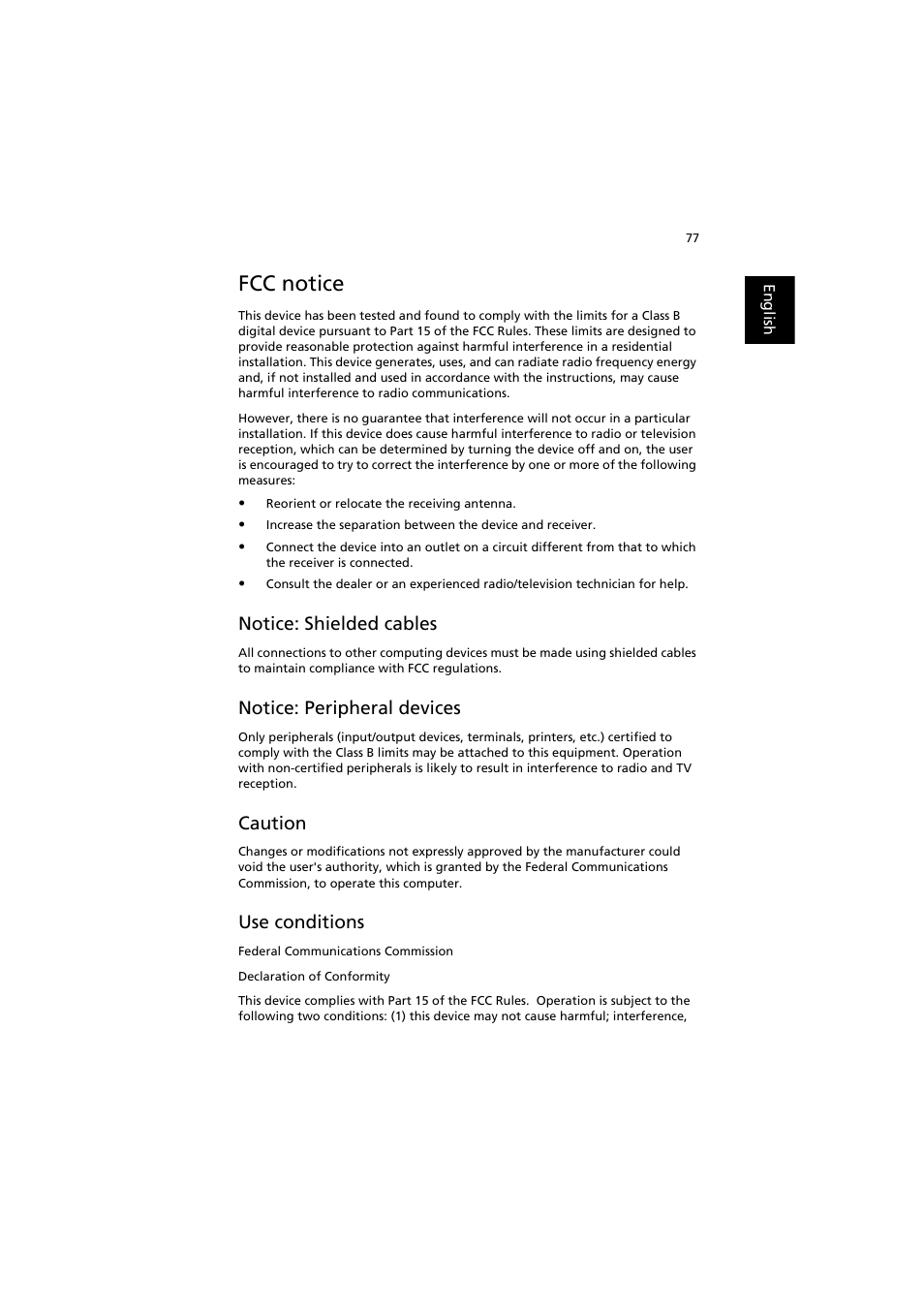 Fcc notice, Notice: shielded cables, Notice: peripheral devices | Caution, Use conditions | Acer TravelMate 6000 User Manual | Page 85 / 99