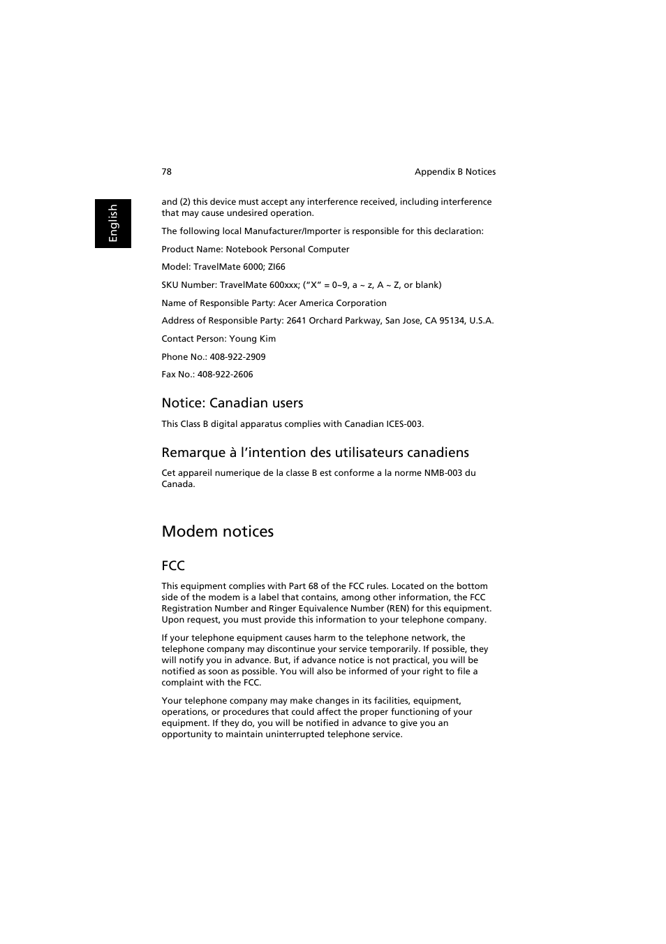 Modem notices, Notice: canadian users, Remarque à l’intention des utilisateurs canadiens | Acer TravelMate 6000 User Manual | Page 86 / 99