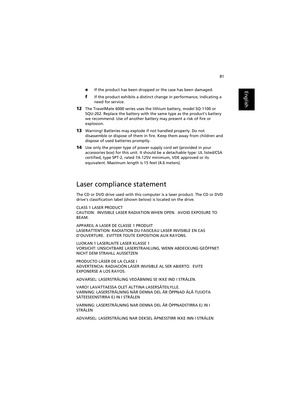 Laser compliance statement | Acer TravelMate 6000 User Manual | Page 89 / 99