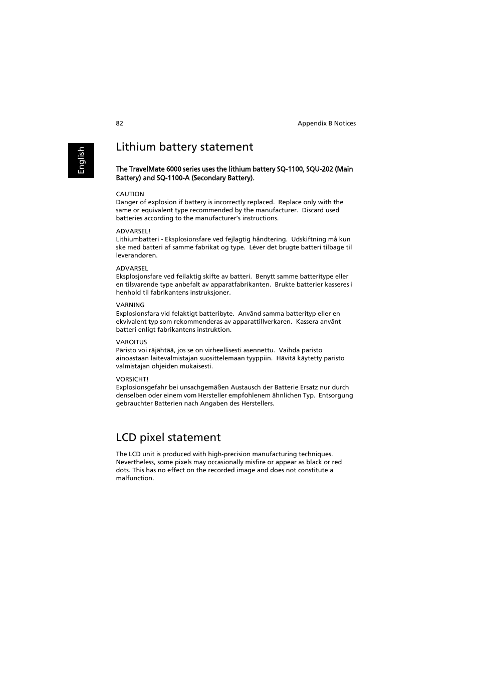 Lithium battery statement, Lcd pixel statement | Acer TravelMate 6000 User Manual | Page 90 / 99