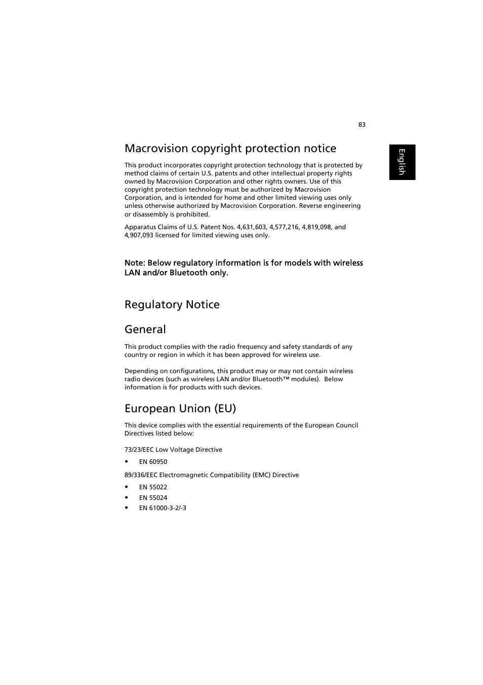 Macrovision copyright protection notice, Regulatory notice general, European union (eu) | Acer TravelMate 6000 User Manual | Page 91 / 99