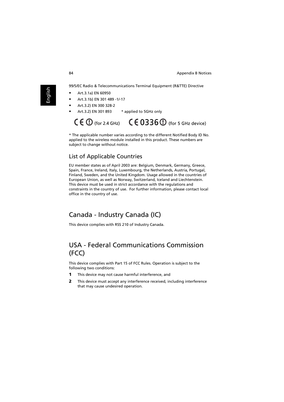 Canada - industry canada (ic), Usa - federal communications commission (fcc), List of applicable countries | Acer TravelMate 6000 User Manual | Page 92 / 99