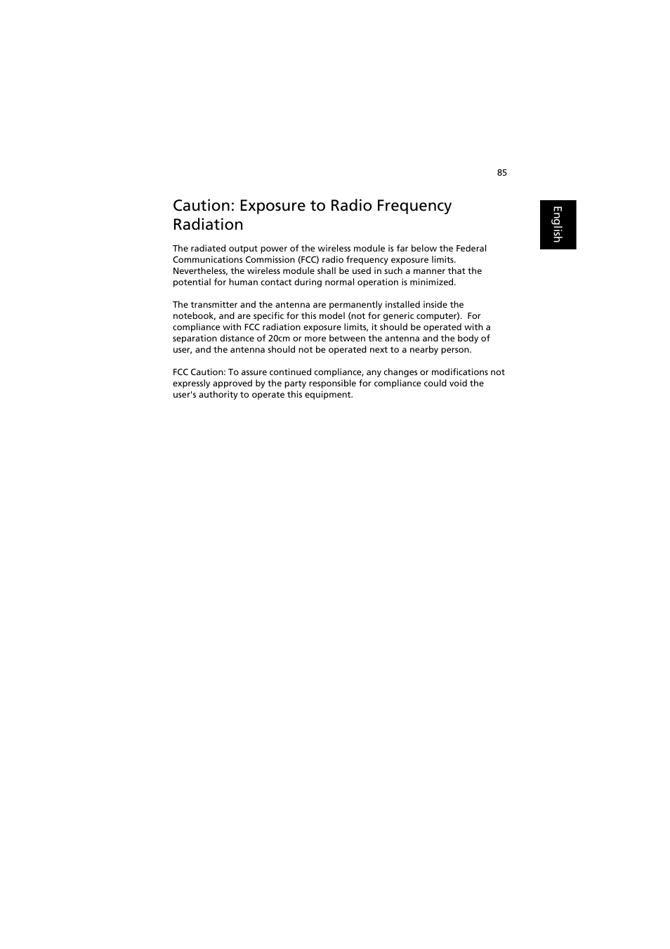 Caution: exposure to radio frequency radiation | Acer TravelMate 6000 User Manual | Page 93 / 99