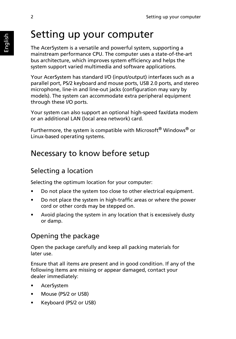 Setting up your computer, Necessary to know before setup, Selecting a location | Opening the package | Acer Aspire M5641 User Manual | Page 12 / 27