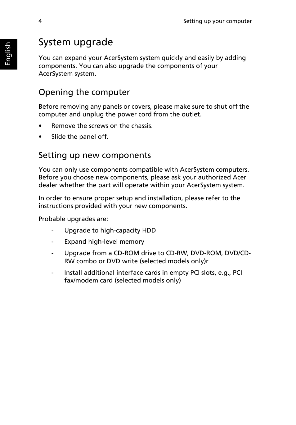 System upgrade, Opening the computer, Setting up new components | Acer Aspire M5641 User Manual | Page 14 / 27