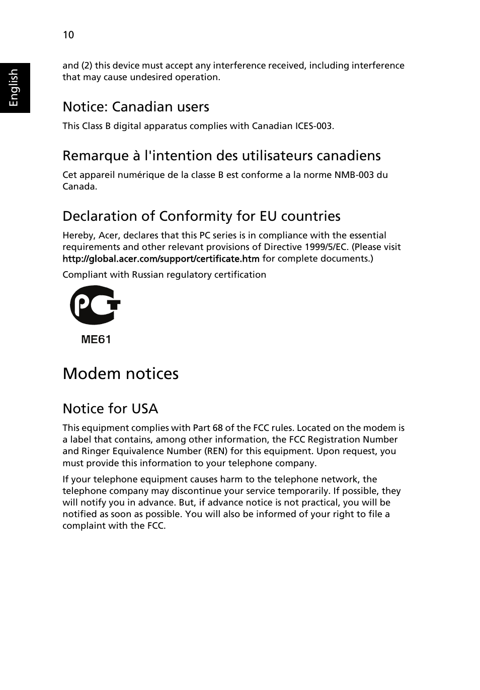 Modem notices, Notice: canadian users, Remarque à l'intention des utilisateurs canadiens | Declaration of conformity for eu countries, Notice for usa | Acer Aspire M5641 User Manual | Page 20 / 27