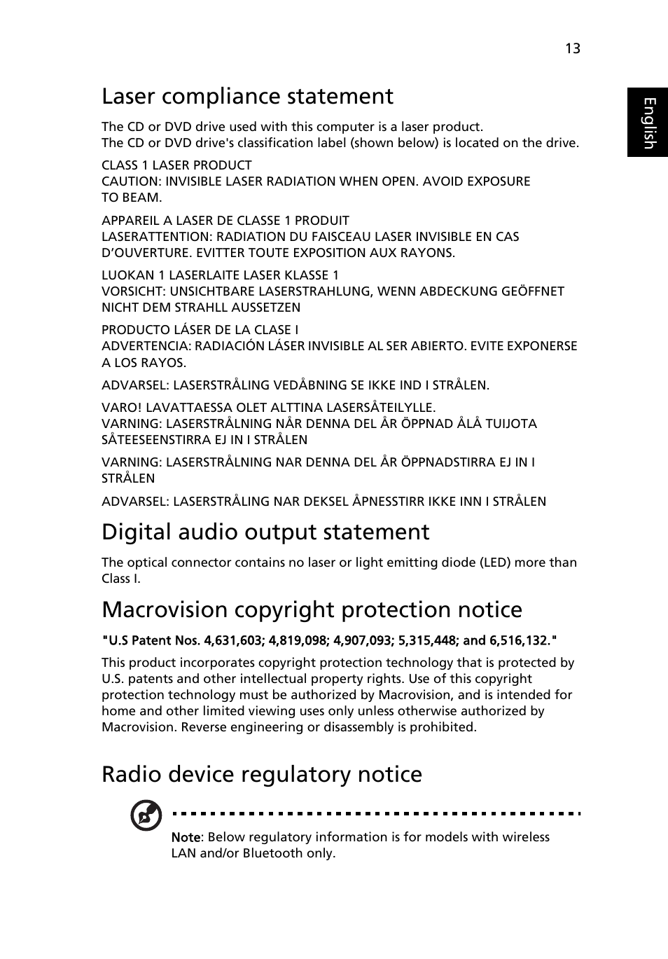 Laser compliance statement, Macrovision copyright protection notice, Radio device regulatory notice | Digital audio output statement | Acer Aspire M5641 User Manual | Page 23 / 27