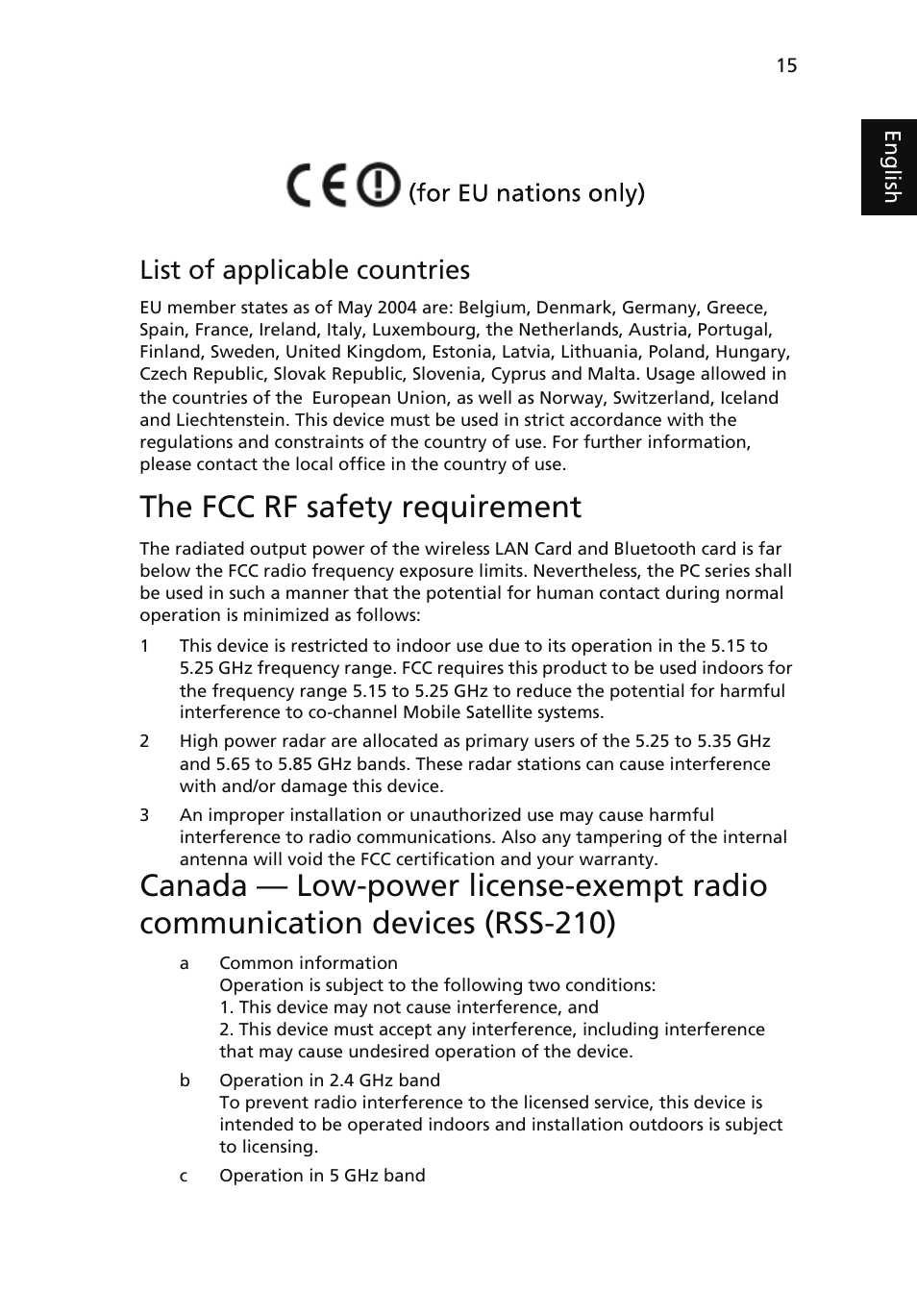 The fcc rf safety requirement, List of applicable countries | Acer Aspire M5641 User Manual | Page 25 / 27