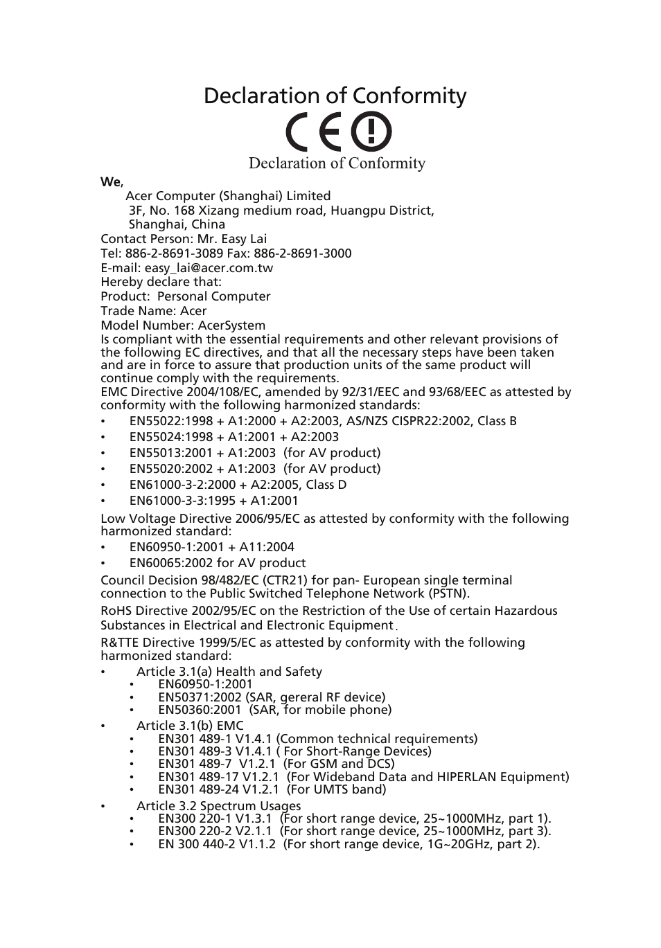 Declaration of conformity, Eng lish | Acer Aspire M5641 User Manual | Page 26 / 27