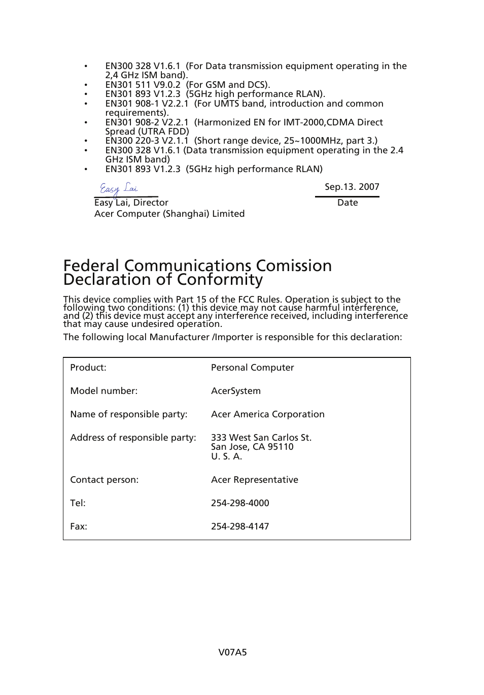 Federal communications comission | Acer Aspire M5641 User Manual | Page 27 / 27
