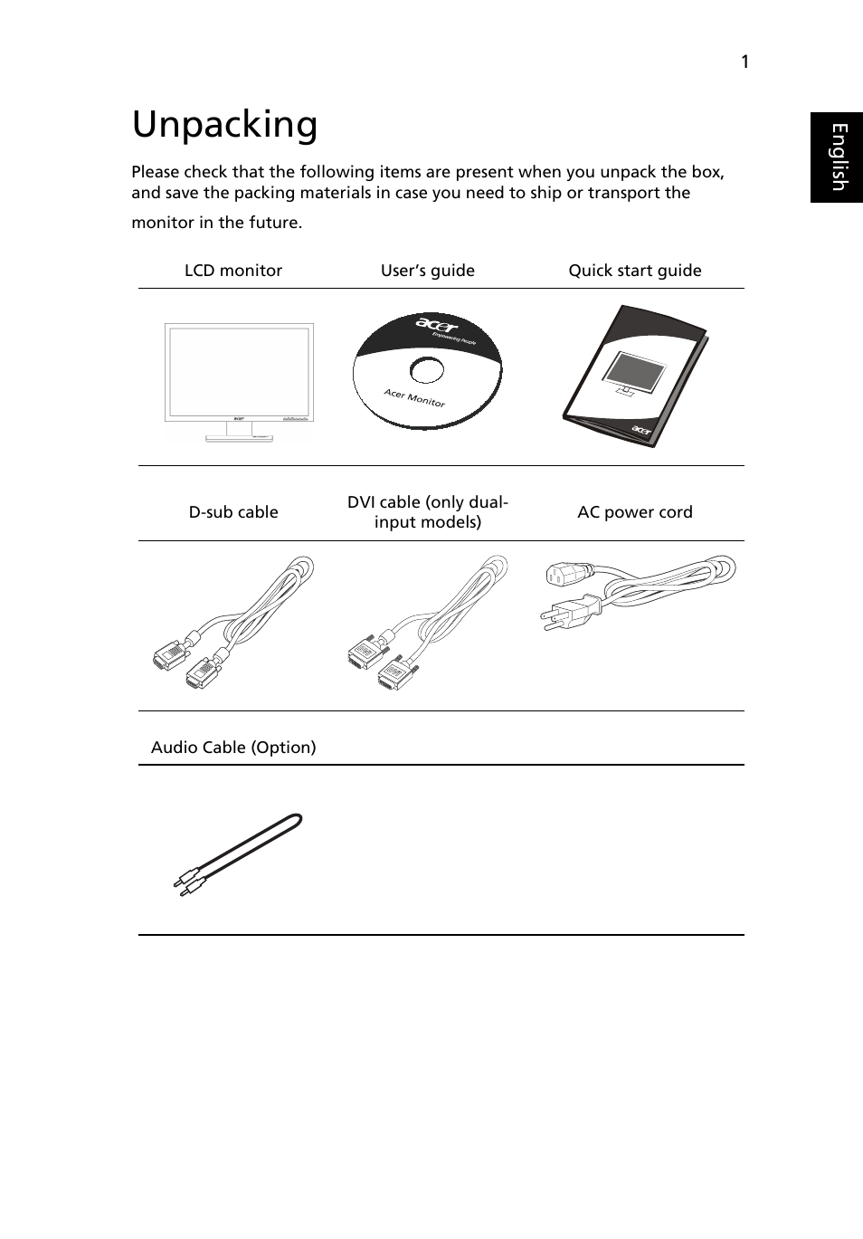 Unpacking | Acer V223W User Manual | Page 15 / 28