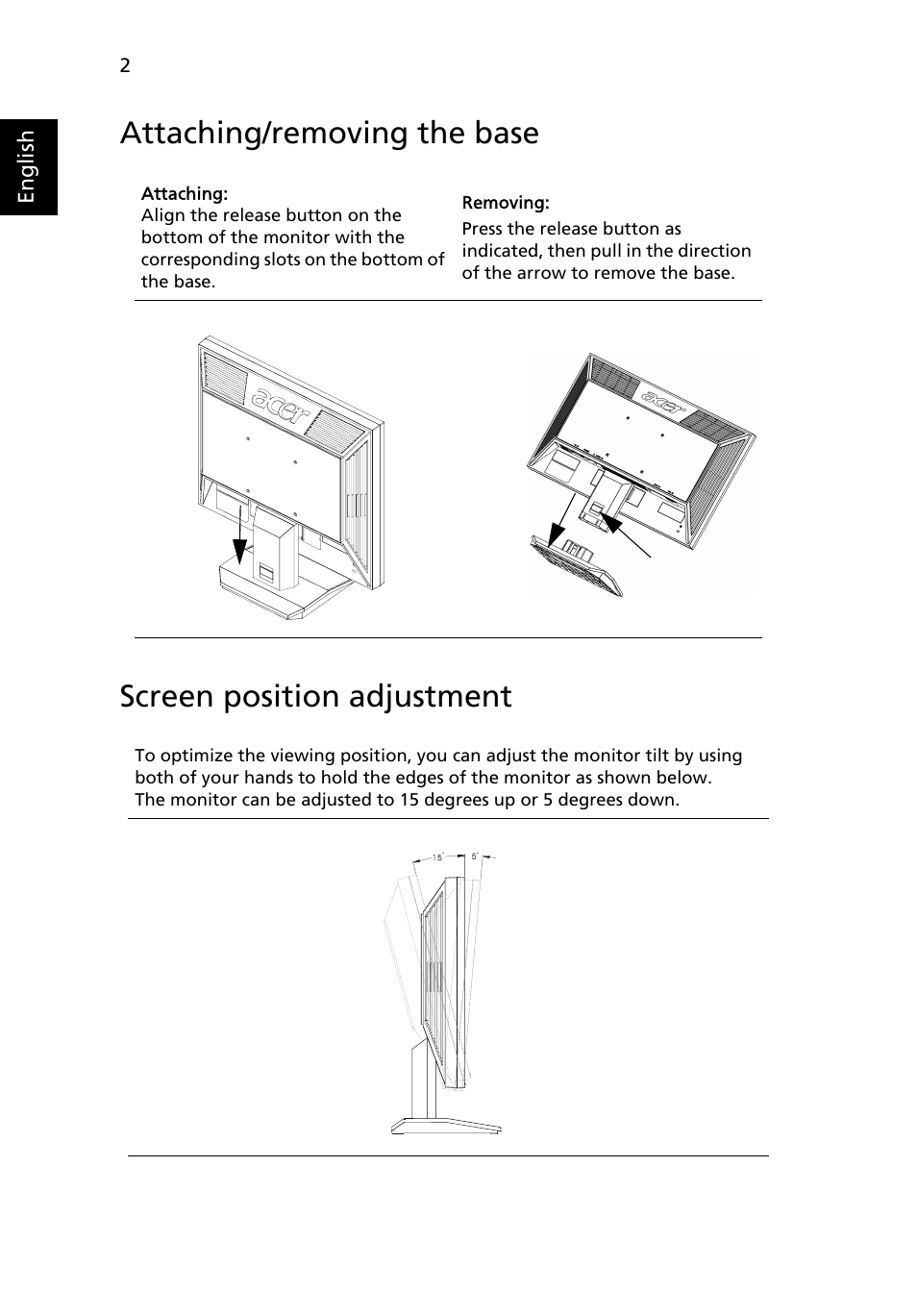 Attaching/removing the base, Screen position adjustment | Acer V223W User Manual | Page 16 / 28