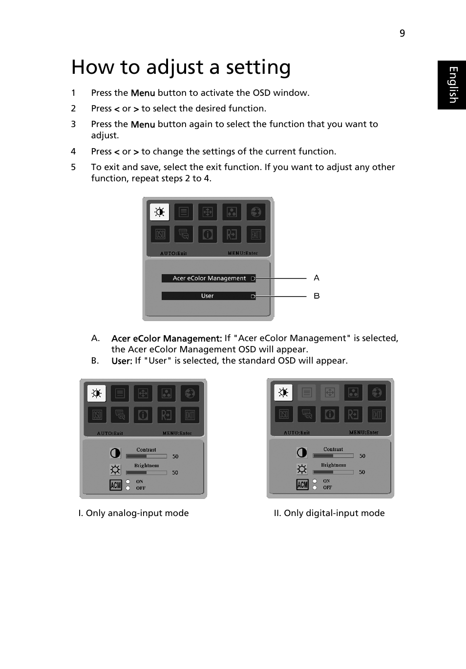 How to adjust a setting | Acer V223W User Manual | Page 23 / 28