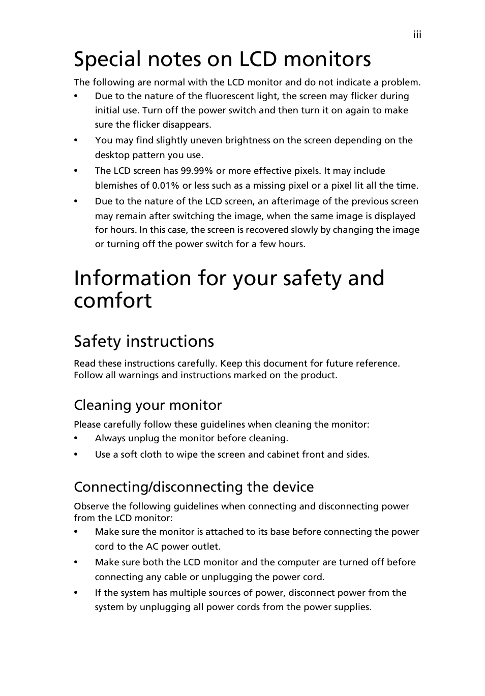 Special notes on lcd monitors, Information for your safety and comfort, Safety instructions | Cleaning your monitor, Connecting/disconnecting the device | Acer V223W User Manual | Page 3 / 28