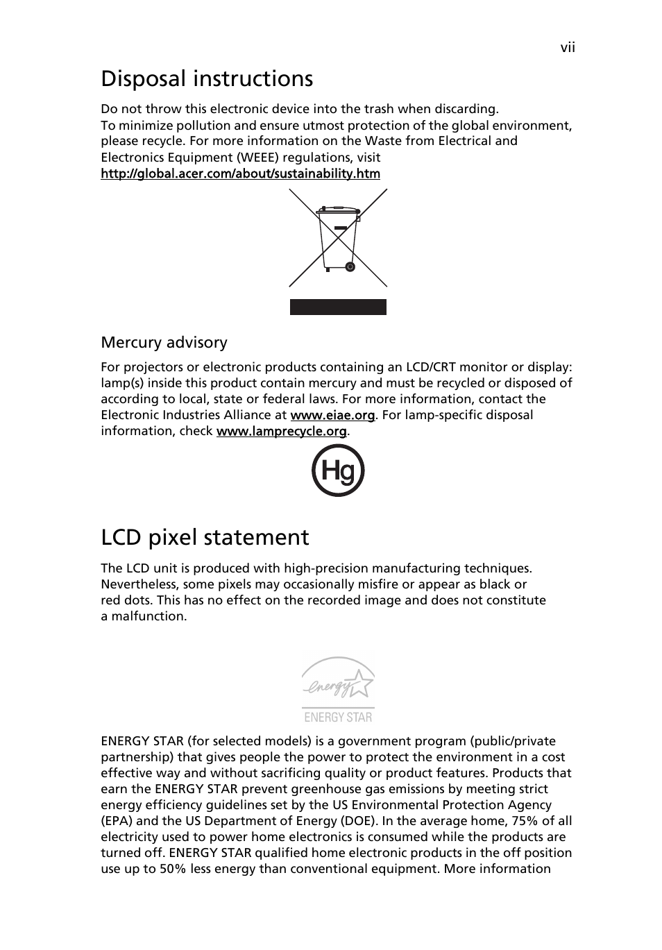 Disposal instructions, Lcd pixel statement | Acer V223W User Manual | Page 7 / 28