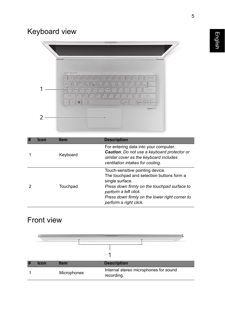 Keyboard view, Front view | Acer Aspire S7-392 User Manual | Page 5 / 9