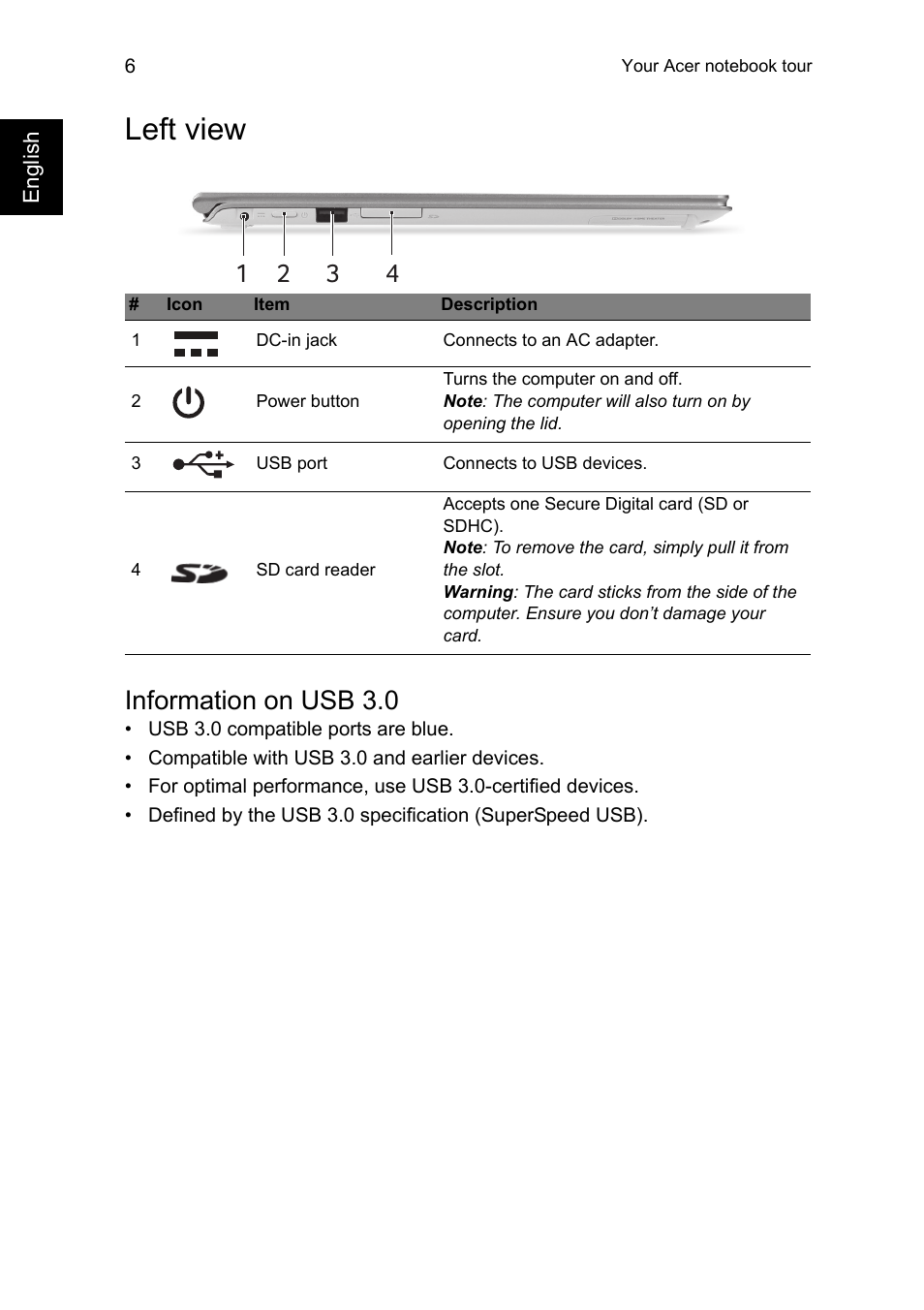 Left view, Information on usb 3.0 | Acer Aspire S7-392 User Manual | Page 6 / 9