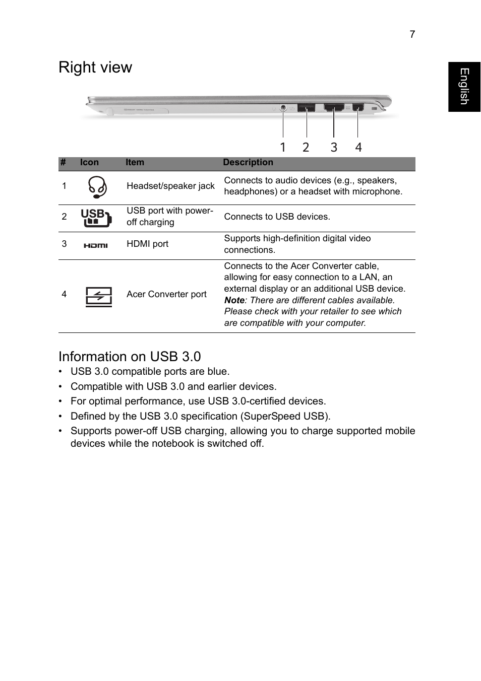 Right view, Information on usb 3.0 | Acer Aspire S7-392 User Manual | Page 7 / 9